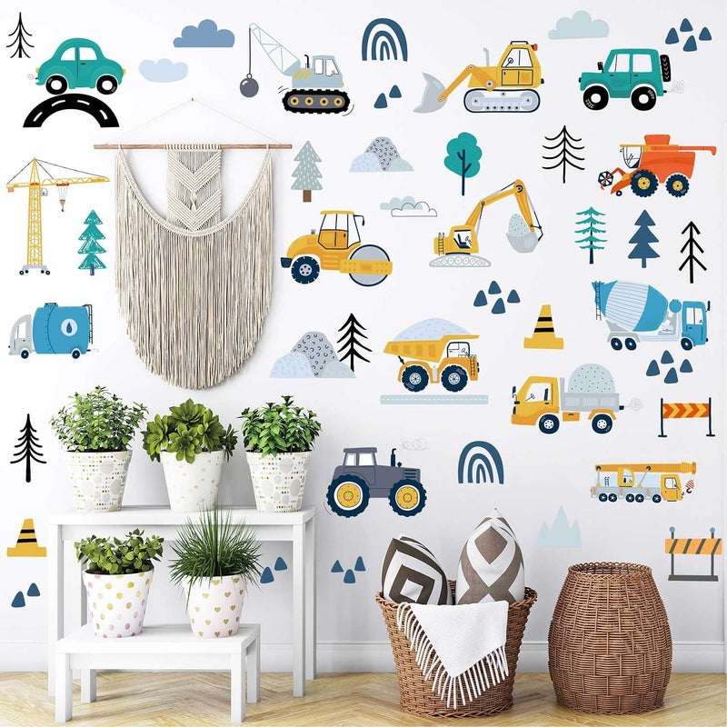 CharmFlo Construction Vehicles Wall Decals - 90Pcs (6 Sheets) Peel & Stick Removable Wall Stickers for Boys Room, Nursery, Playroom - Trucks, Excavator, Crane Theme Boho Kids Bedroom Decor, Easy DIY - Image 5